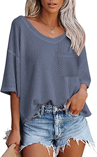 Pull Over Womens V-Neck Top with Patched Pocket