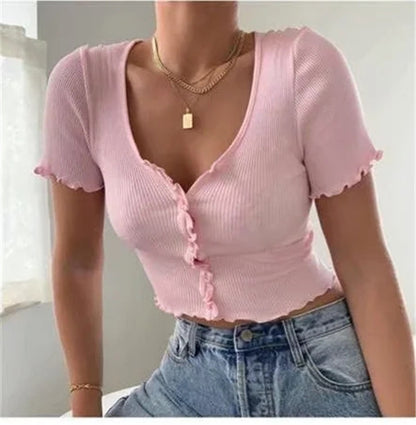 Casual Ruffles Crop Top V-Neck