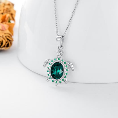 Green Crystal Turtle Necklace - S925 Silver