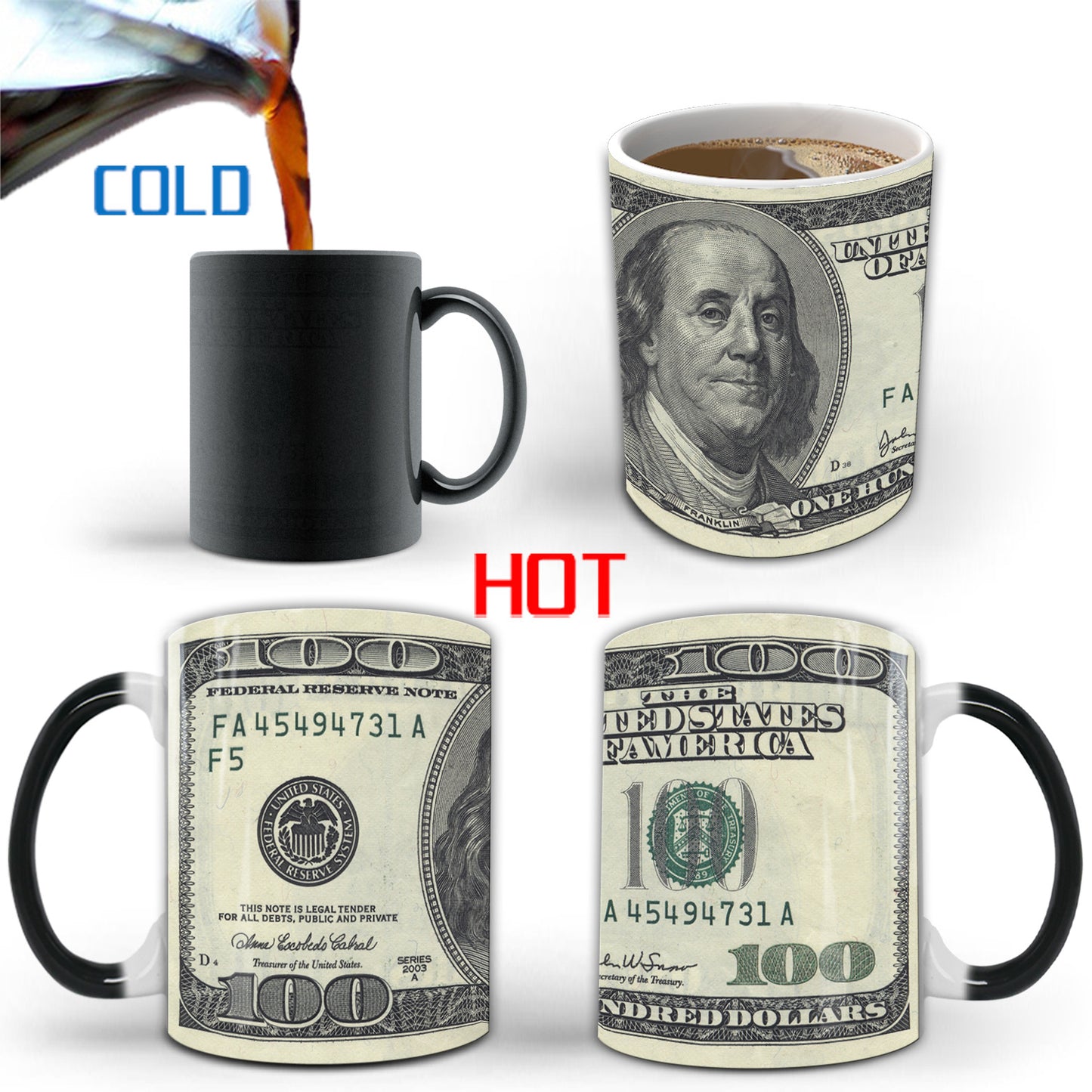 Novelty Invisible Image Mug -  Hidden Portrait of Hundred Dollar Bill - Reveal it with Tea or Coffee!