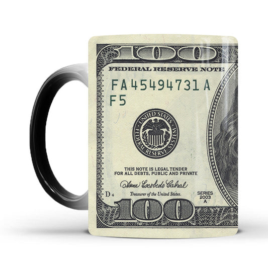 Novelty Invisible Image Mug -  Hidden Portrait of Hundred Dollar Bill - Reveal it with Tea or Coffee!