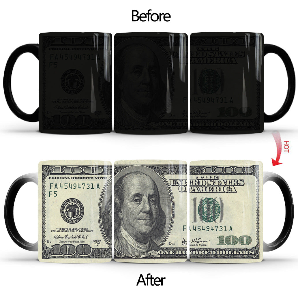 Novelty Invisible Image Mug -  Hidden Portrait of Hundred Dollar Bill - Reveal it with Tea or Coffee!