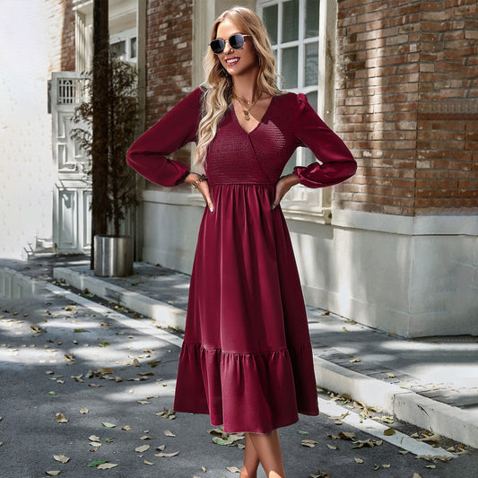 Gorgeous Winter V-Neck Dress - Solid Color Long Sleeve!