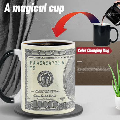 Novelty Invisible Image Mug -  Hidden Portrait of Hundred Dollar Bill - Reveal it with Tea or Coffee!