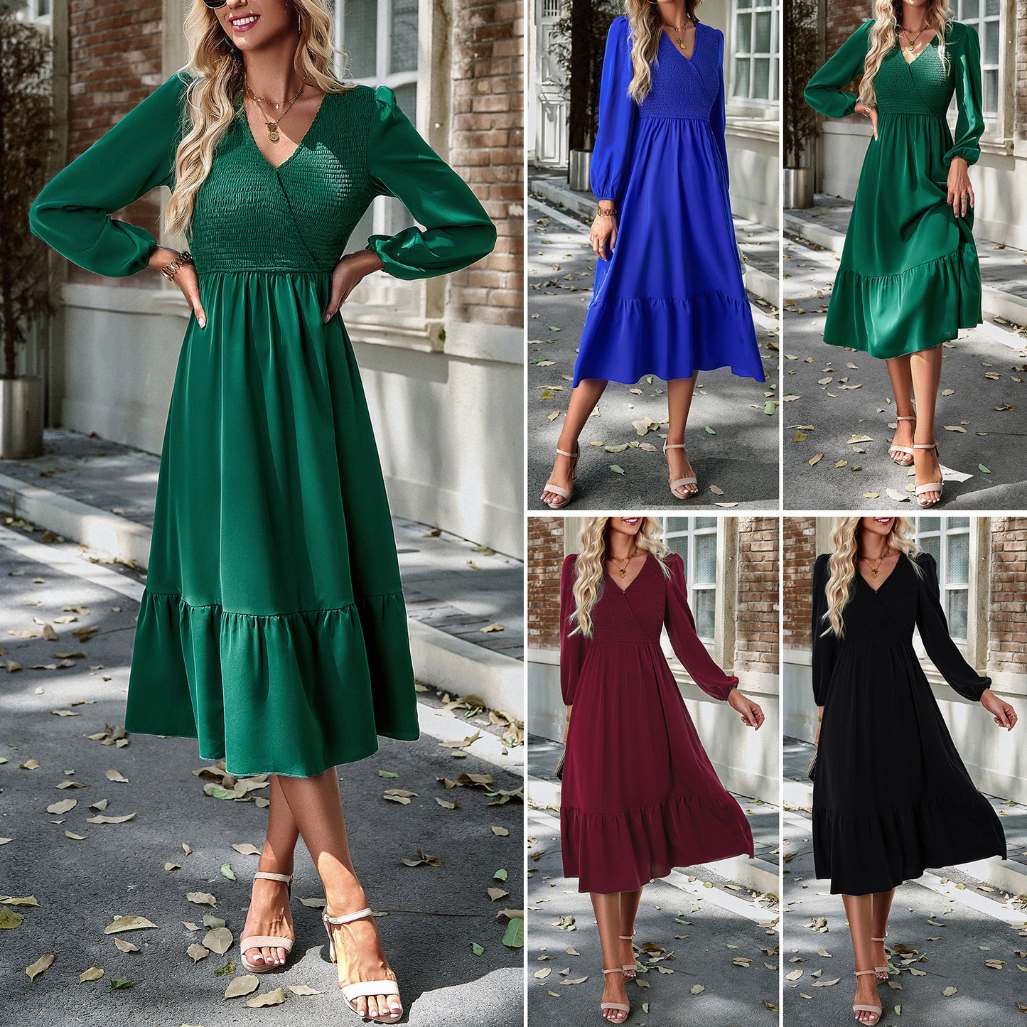 Gorgeous Winter V-Neck Dress - Solid Color Long Sleeve!