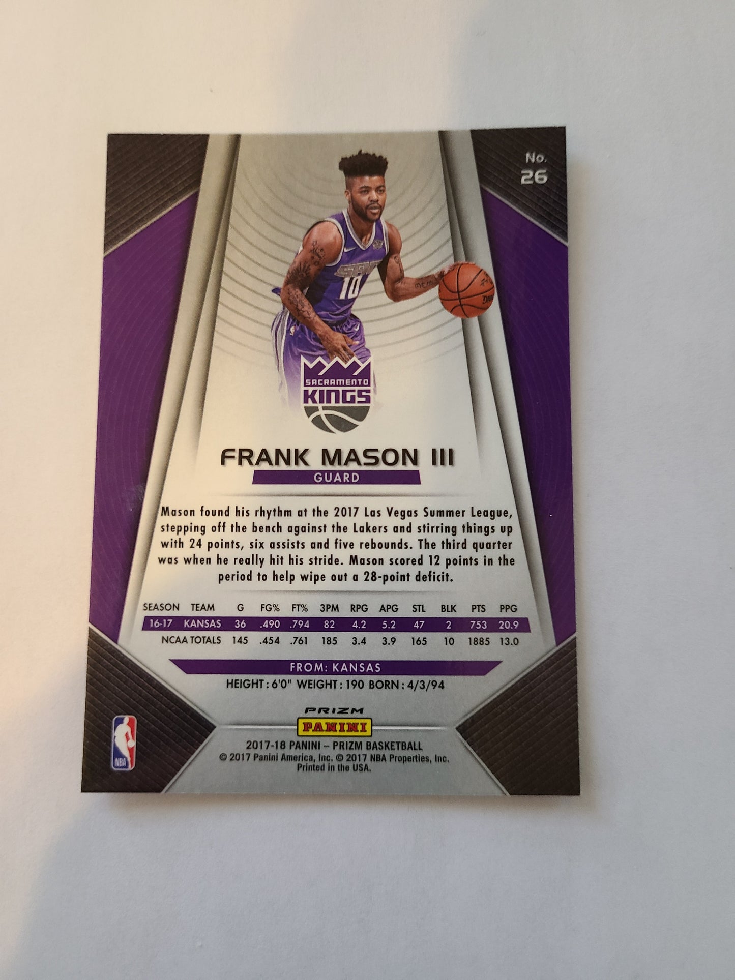 Frank Mason III Holographic Stripes Rookie Card #26 2017 Panini Prizm