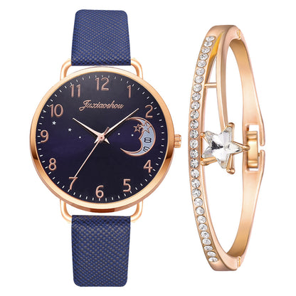 Un look astronomico: ottieni l'orologio al quarzo da donna con motivo a luna e il set di braccialetti abbinati!