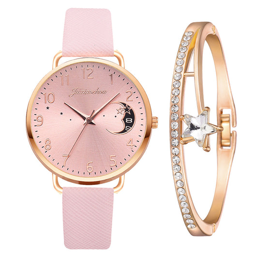 Un look astronomico: ottieni l'orologio al quarzo da donna con motivo a luna e il set di braccialetti abbinati!